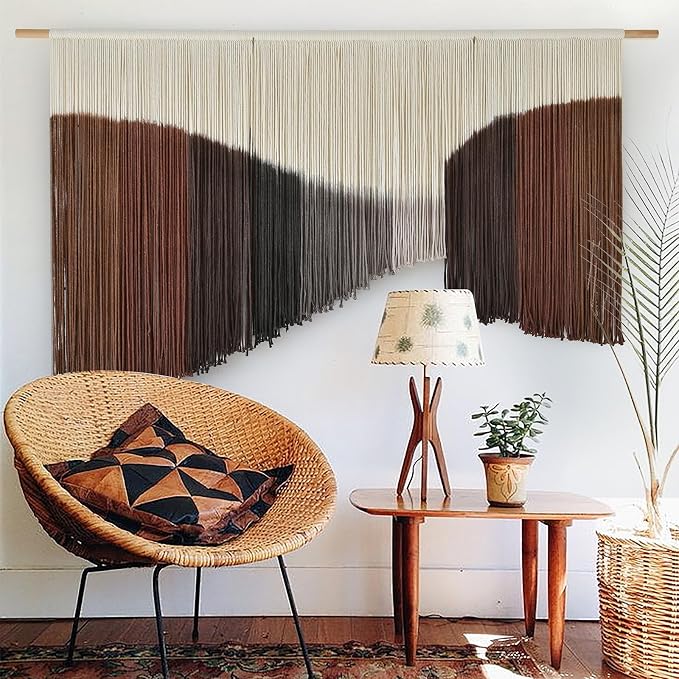 Jakalin Macrame Wall Hanging Brown Geometric Fiber Art Living Room 33" x57" | Geometric Dip-dyed Macrame Wall Art With Rich Brown-red Tones, Boho Texture, Artisan Character, and Home Style. by Jakalin