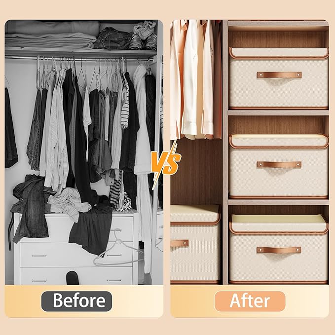 Tuza 2 Pack Storage Bins with Lids, Collapsible Closet Organizer Container, Fabric Organizer Box with Handles, Decorative Storage Boxes with Lids for Organizing Clothes, Books, File, White, Medium - Image 4