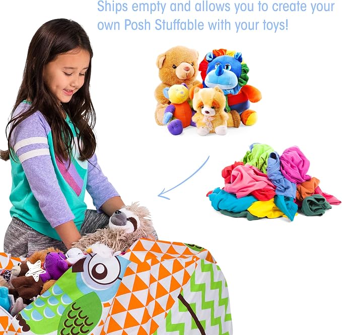 Posh Stuffable Kids Stuffed Animal Storage Bean Bag Chair Cover - Childrens Toy Organizer, Large 38" - Canvas Owls Green and Orange - Image 2