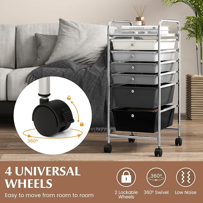 GOFLAME 6-Drawer Rolling Storage Cart, Multifunctional Art Craft Organizer Cart, Mobile Utility Storage Cart with Removable Drawers & Lockable Wheels, Craft Cart for Home Office, School, Gray Gradient - Image 5