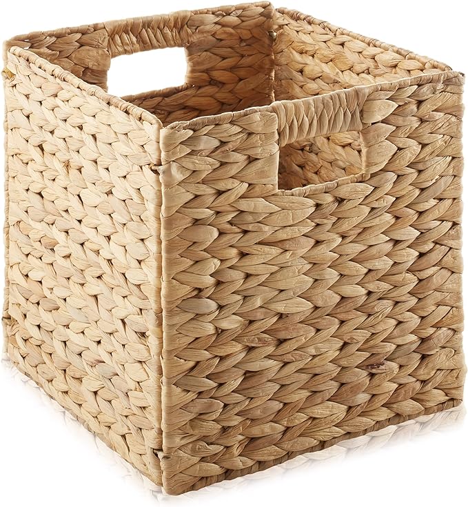 Casafield 10.5" x 10.5" Water Hyacinth Storage Baskets, Natural - Set of 2 Collapsible Cube Organizers, Woven Bins for Bathroom, Bedroom, Laundry, Pantry, Shelves - Image 3
