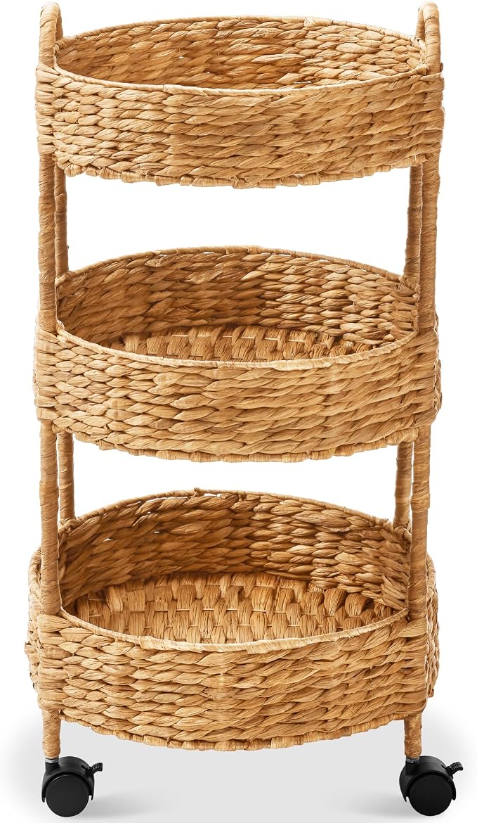 Best Choice Products 3-Tier Round Rolling Nursery Caddy w/Wheels, Handwoven Utility Cart, Storage Organization for Bathroom, Craft Room, Laundry Room - Natural by Unknown