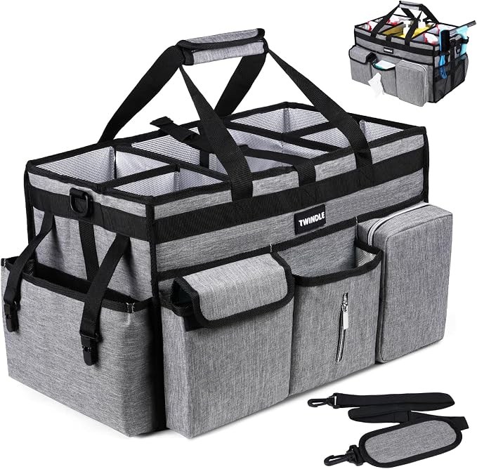Large Cleaning Caddy Bag with Rigid Support Board, Cleaning Organizer Tote with Detachable Divider, Adjustable Shoulder Strap & Waist Belt, Cleaning Supply Carrier for Cleaners & Housekeepers by TWINDLE