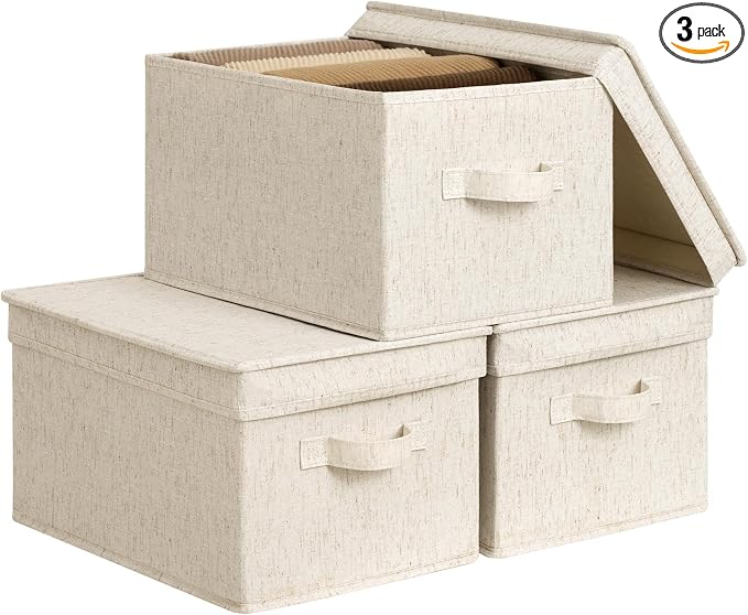 StorageWorks Fabric Storage Bins, Storage Basket with Lid, Closet Bins | Lidded Dust-proof, Easy Pull Handles, Foldable, Stackable, Ideal for Clothes Blanket Towel, Large, Rustic Linen, 3-Pack by StorageWorks