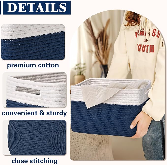 Storage Baskets for Organizing, 4 Pack Baskets for Shelves, Decorative Storage Bins for Shelves, Cotton Rope Storage Basket with Handles, Woven Basket for Storage, 13''Lx8.7''Wx7.9''H, White & Blue - Image 5