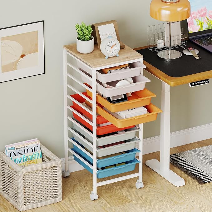 GOFLAME 10-Drawer Rolling Storage Cart, Craft Storage Cart with Wooden Tabletop and Lockable Wheels, Art Cart Supply Storage Organizer with Metal Frame for Home Office Classroom, Macaron Color - Image 9