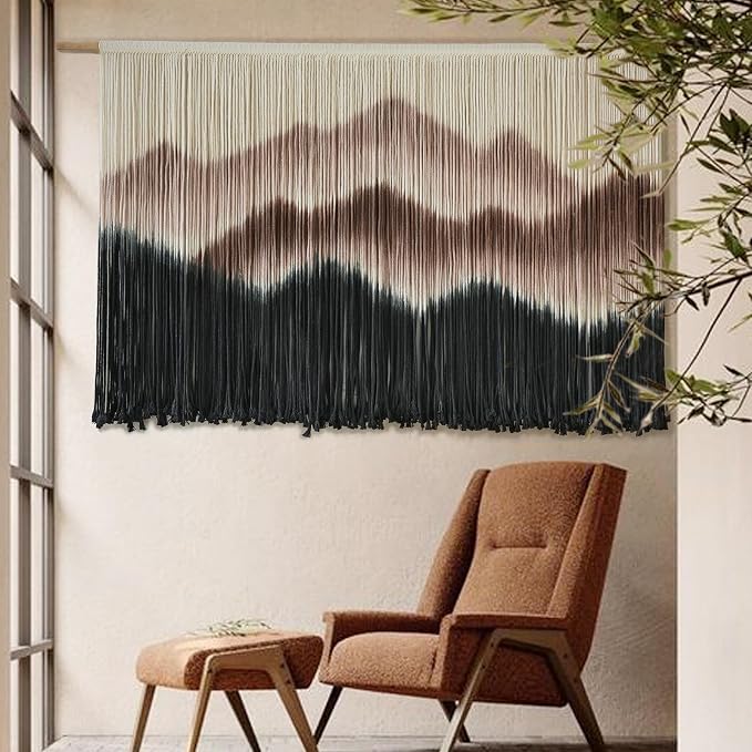 Macrame Wall Hanging Mountain Dip Dyed Brown Fiber Art Wall Decor 57"W*35"L | Modern Home Decor, Boho Style, Interior Design, Office Accent, Dorm Room Decor, Housewarming Gift, Wedding Decoration - Image 3