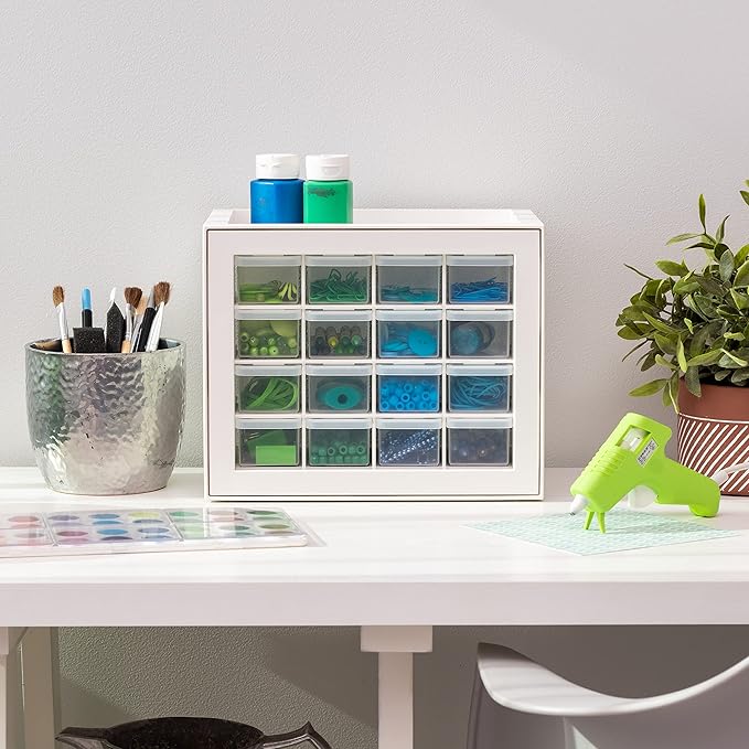 IRIS USA 16-Drawer Small Drawer Organizer, Craft Desk Storage, White | Wall mountable, Stackable Teacher Toolbox, Beads, Building Bricks, Water Packets, Screws, Hardware - Image 2