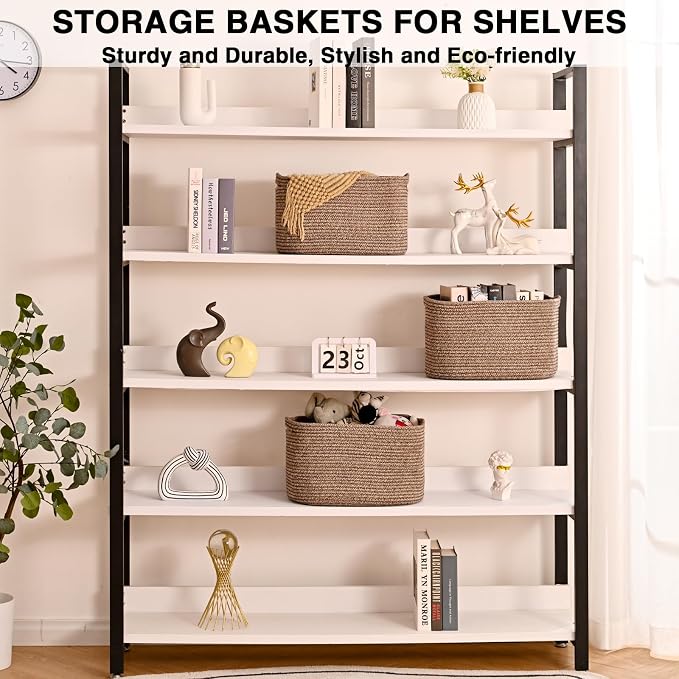 Storage Baskets for Organizing Shelves, Woven Cotton Rope Bins for Organization, Dog Toy Organizer for Shelf Living Room Bedroom, 14.8"×11"×9.5", Pack of 3, Dark Brown - Image 3
