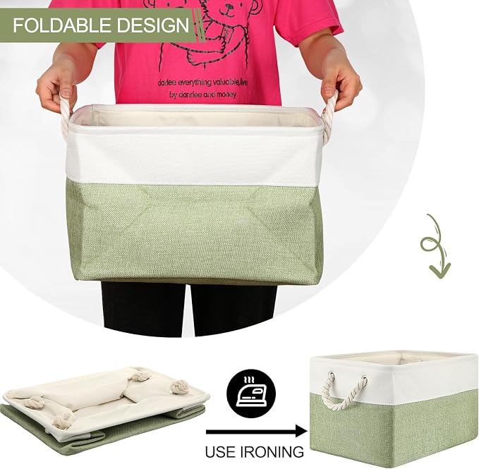meekoo 8 Pack Collapsible Storage Bins Fabric Storage Bins Polyester Fabric Baskets with Handles Linen Closet Organizer for Shelf Home Closet Towels Toys(15 x 11 x 9.5 in,Green White) - Image 6