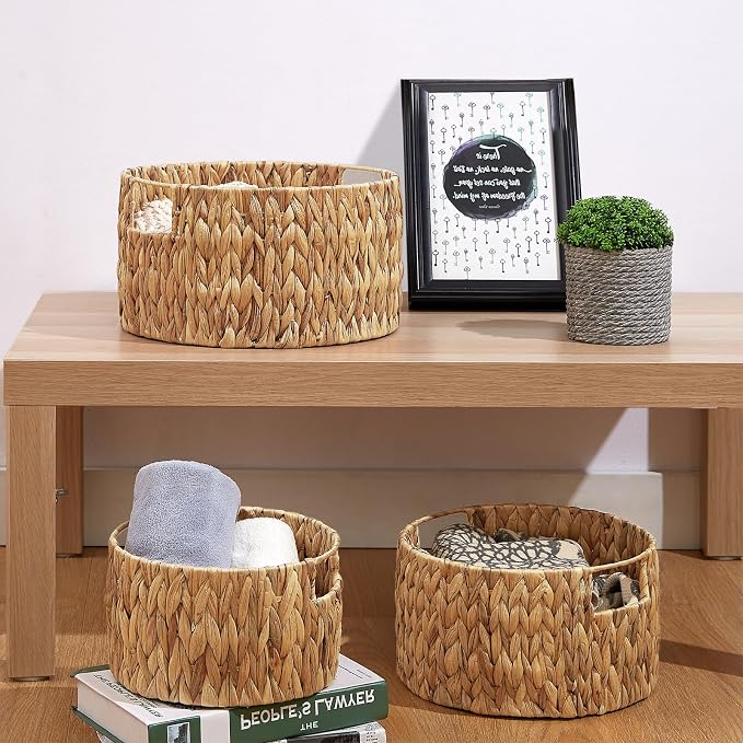 Wicker Storage Basket, Hand-Woven Water Hyacinth Large Round Woven Basket With Handles, Wicker Baskets for Organizing/Storage, 3-Pack - Image 7