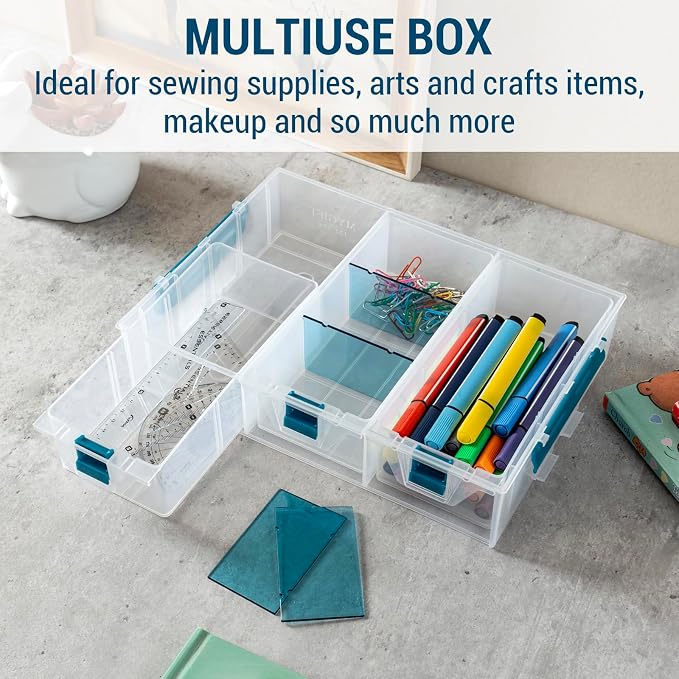 MyGift Single Stackable Tray, Add-on for 11 Inch Clear Arts & Crafts Storage Box with Blue Accents, 9 Compartment Sewing Supplies Organizer 3 Drawers and Removable Dividers - Image 4