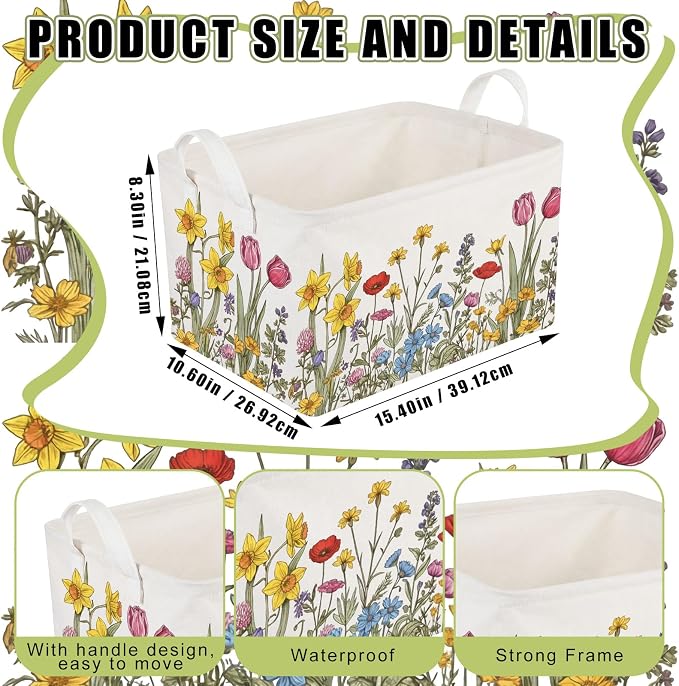 CHENGU 6 Pack Flower Storage Bins Collapsible Wildflower Baskets with Handles Large Multicolored Flower Basket Farmhouse Foldable Organizers Rustic Summer Home Decor for Spring Bedroom Office Home - Image 3
