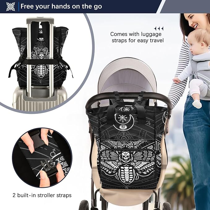 Mnsruu Diaper Bag Gothic Black Skull Moth Large Changing Backpack Multifunction Travel Tote Mommy Bag Baby Diaper Backpack for Mom Dad - Image 3