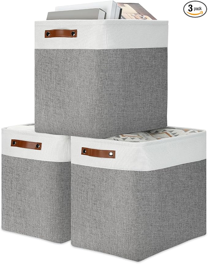 DULLEMELO Storage Baskets 17 inch Large Basket for Blanket Living Room, Foldable Storage Bins Baskets for Organizing [3 Pack] Blanket Storage Baskets Organizer for Home,Office,Closet(White&Grey) by DULLEMELO