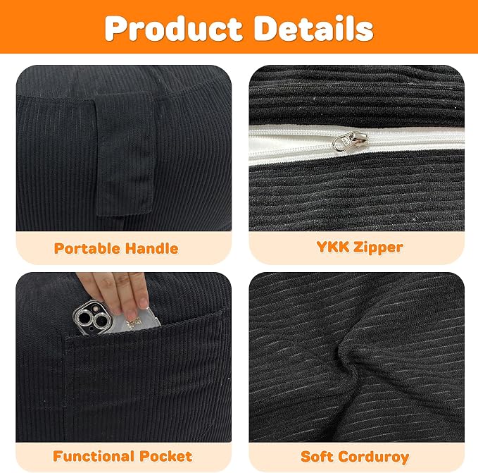 Lukeight Bean Bag Chair for Kids Teens, Memory Foam Filled Floor Lounger, Washable Velvet Cover with Inner Liner, Beanbag Chair with Filling for Gaming and Reading, Black, Large 27" D x 16" H - Image 4