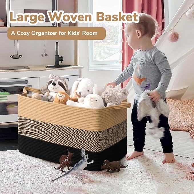 Goodpick 85L Large Woven Blanket Basket, Rectangle, Black Jute | 23.6'' x 15.7'' x 13.8'' Wicker Storage Basket for Blankets, Pillows & Toys, Living Room, Bedroom & Nursery Organization - Image 2