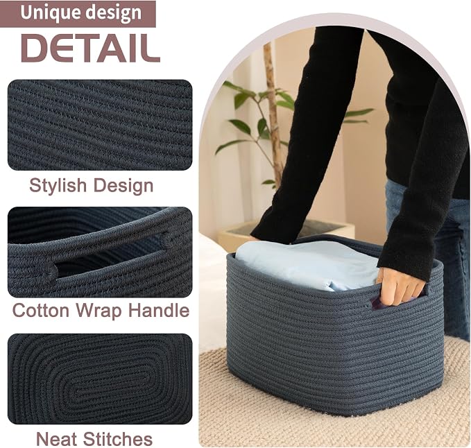 OIAHOMY 4 Pack Storage Baskets for Organizing 15L Cube Storage Bins Blue | Woven Baskets for Storage Rectangle Small Baskets With Handles Baskets for Shelves Wicker Baskets for Shelves 12.7x9x7.8inch - Image 3
