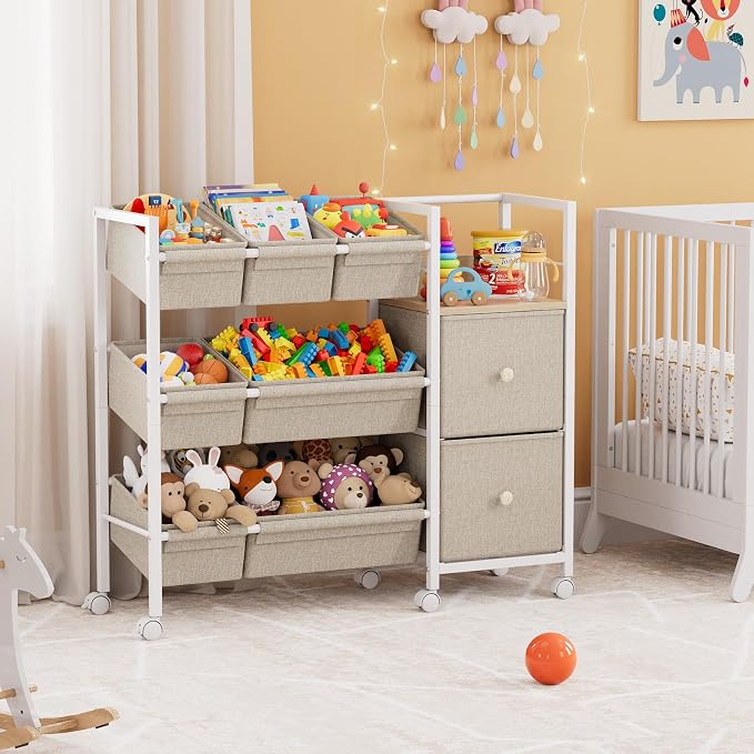 Modanais Kids Toy Organizers and Storage Bins, Off White | 7 Storage Bins + 2 Fabric Drawers + 1 Bookshelf, Playroom Storage, Organizer for Toy, Clothes, Blankets and Books - Image 2