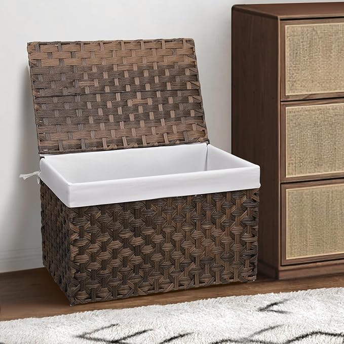 Wicker Storage Basket with Lid, 52.8 Gallon (200L) Large Blanket Basket with Lid, Woven Storage Bin with Handles, Removable Liner, Metal Frame, Foldable, for Bedroom, Laundry Room, Brown - Image 5