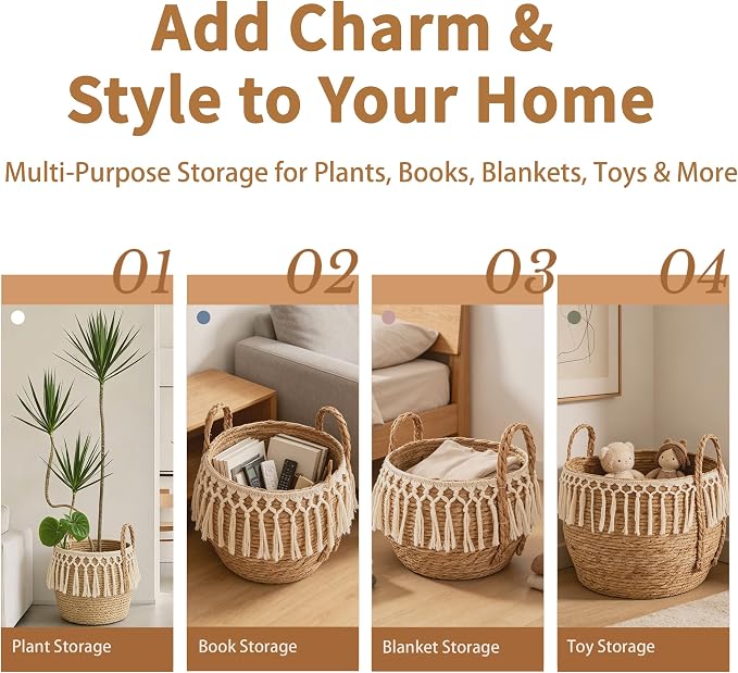 3 Pack Boho Woven Cattail Storage Basket, Belly Basket for Plant, puppy toy Toy & Home Storage, Decorative Organizer for Living Room, Bathroom & Gifting, 14", 12" & 9" - Image 2