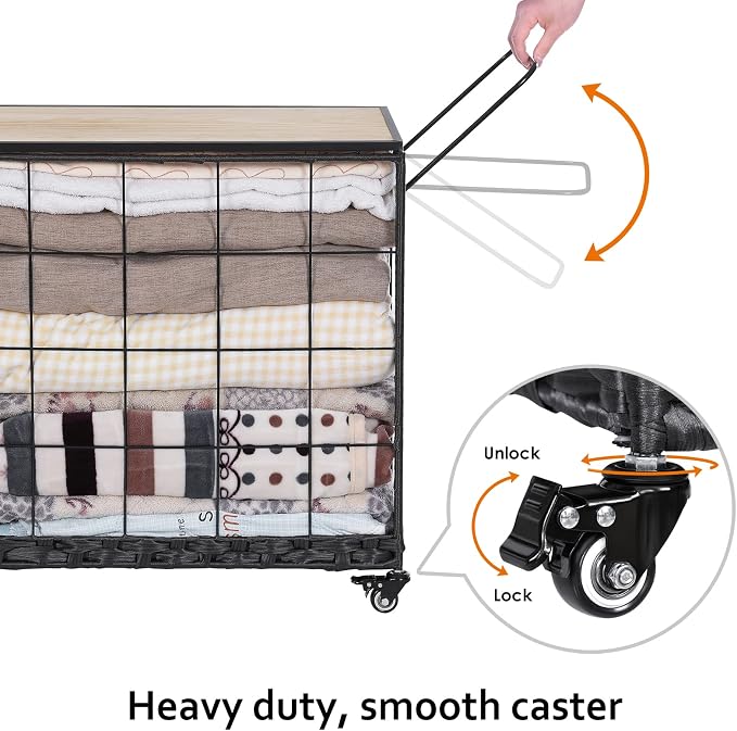 132L Laundry Hamper with Lid, 3-Section Laundry Basket with Rolling Wheels | 3 Laundry Compartments; Lockable Rubber Casters; Adjustable Metal Handle; Reinforced Steel Frame; Machine-Washable Liner Bag - Image 4
