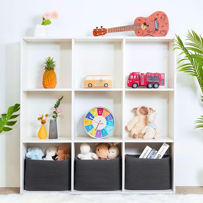 3-Pack Decorative Woven Storage Baskets for Shelves, Cube Bin Box for Organizing Books, Shoes, Dog Toys, Pantry Closet and Living Room Organizer, Charcoal / Black - Image 4