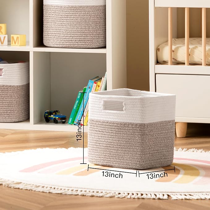 Dreamcountry 13x13 Cube Storage Bins, Storage Cubes with Handles, 4 Pack Cotton Rope Basket for Shelves, Cube Storage Organizer forToys, Book, Clothes, Home, Office, Nursery, White/Brown - Image 2