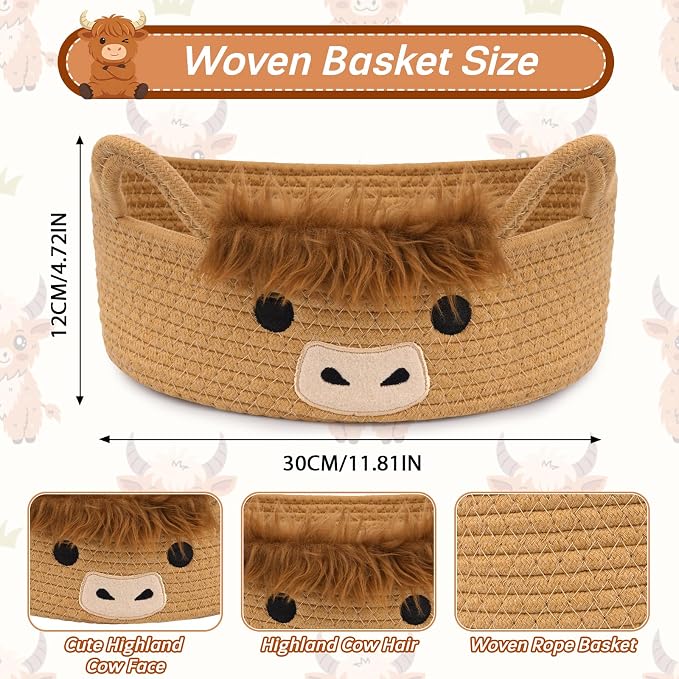 3 Pcs Oval Highland Cute Cow Basket for Nursery,Woven Rope Gift Basket | Soft Cotton Decorative Storage for Gifts Empty, Baby Shower Blanket 0rganizer Shelves Towel Bins, 12" D x 5" H - Image 3
