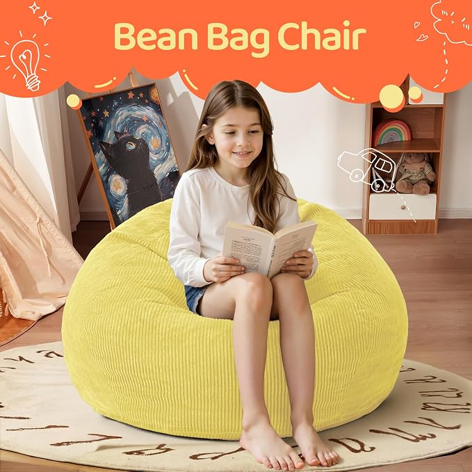 2FT Bean Bag Chair: 2' Small Bean Bags with Memory Foam Filled | Beanbag Chairs with Handle,Teardrop Bean Bag Sofa with Corduroy Machine Washable Cover for Living Room,Bedroom-Yellow - Image 3