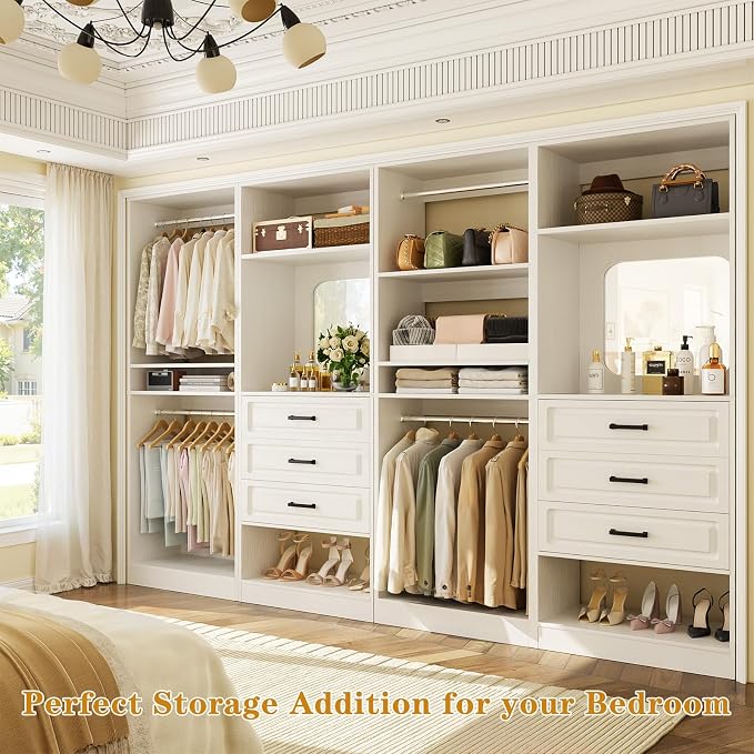 Unikito 100" Wood Closet System with Drawers and Mirror, White | Large walk in wardrobe organizer with hanging rods and adjustable shelves, sturdy freestanding garment rack tower. - Image 2