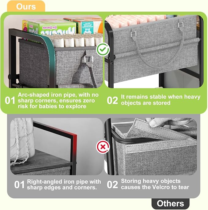 Cidaziya 2In1 Baby Diaper Caddy Organizer and Storage, 3 Tier Rolling Cart with Dividers and Drawers, Mobile Utility Cart Baby Dresser Clothes Organizer for Changing Table, Crib Nursery, Bedroom, Grey - Image 2