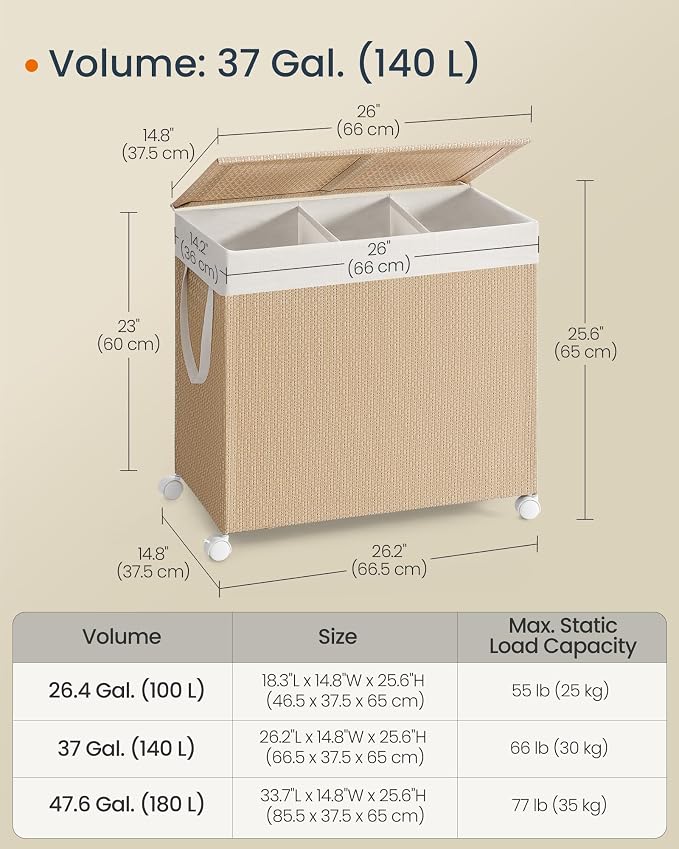 SONGMICS HOME Laundry Hamper with 3 Section, 140 L, Rattan, with Wheels | Rolling Clothes Basket with Lid, Removable Liner with Handles, Natural Beige and Matte White, PEZZO Collection ULCB602N01 - Image 7