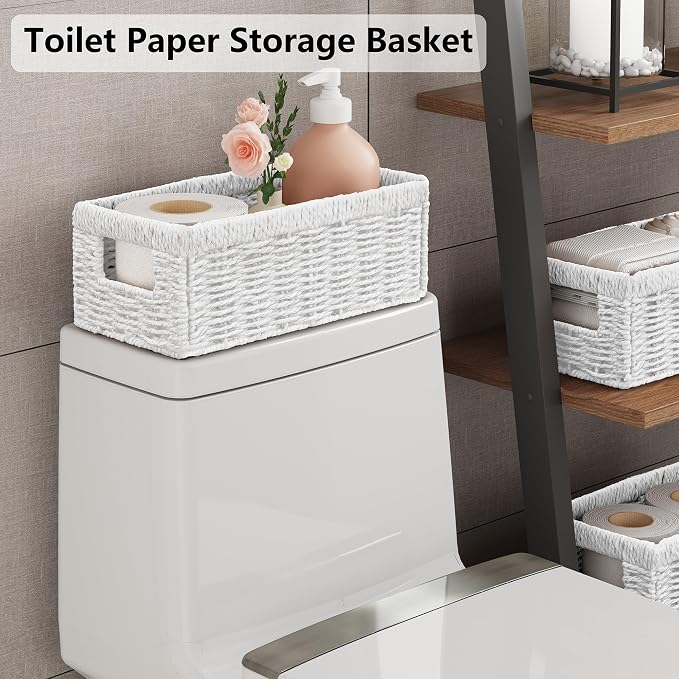 Wicker Storage Basket, Set of 2 Hand Woven Wicker Baskets for Organizing with Handles, Decorative Small Storage Bins for Countertop Toilet Paper Basket for Toilet Tank Top Shelves, White - Image 3