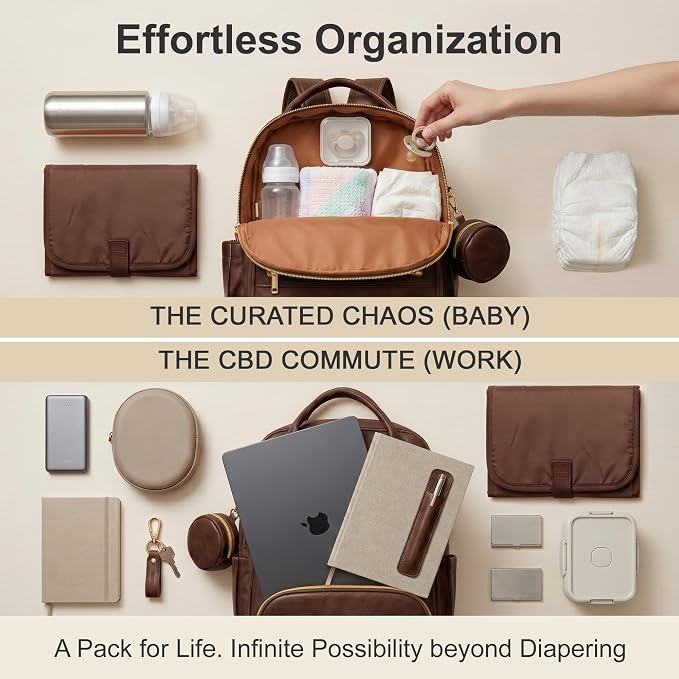 ROSEGIN Premium Vegan Leather Diaper Bag Backpack with Waterproof Changing Pad, Reinforced Zippers & Odor-Free,20 Pockets Pro Organizer, Fits 15.6" Laptop, Stroller Straps, Baby Bag for Mom,Dark Brown - Image 7