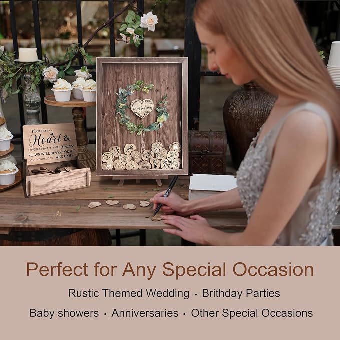 Y&K Homish Wedding Guest Book, Guest Book Alternative Favors with 80 Hearts & Green Wreath, Wedding Decorations for Reception(Rustic Brown) - Image 6