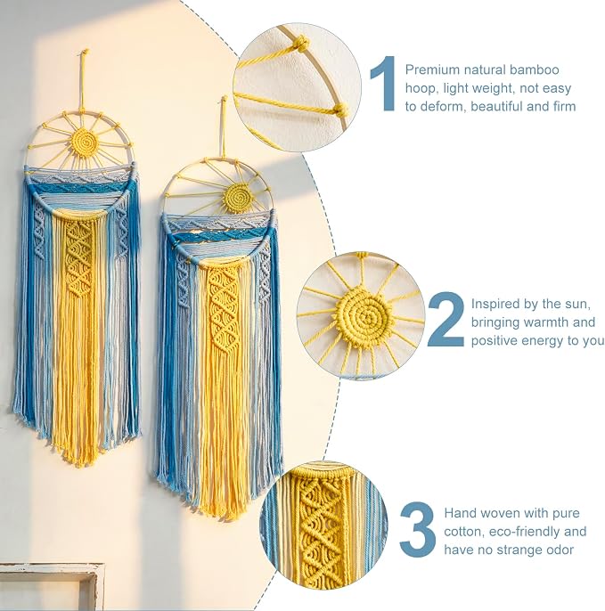Artilady 2 Pack Macrame Hanging Tapestry Sun Wall Decor, Boho Dream Catcher | Large Tapestry, Handmade Woven, Farmhouse Rustic, Blue Sun Wall Art Set, Bedroom Living Room Entryway Home Decor - Image 3