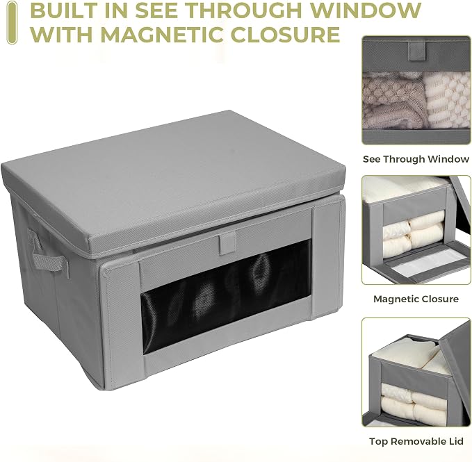 Thick Fabric Storage Bins with Lids, Collapsible Storage Box Closet Shelf with Clear Window, Decorative Baskets for Clothes, 3 Set, Grey, Medium - Image 2