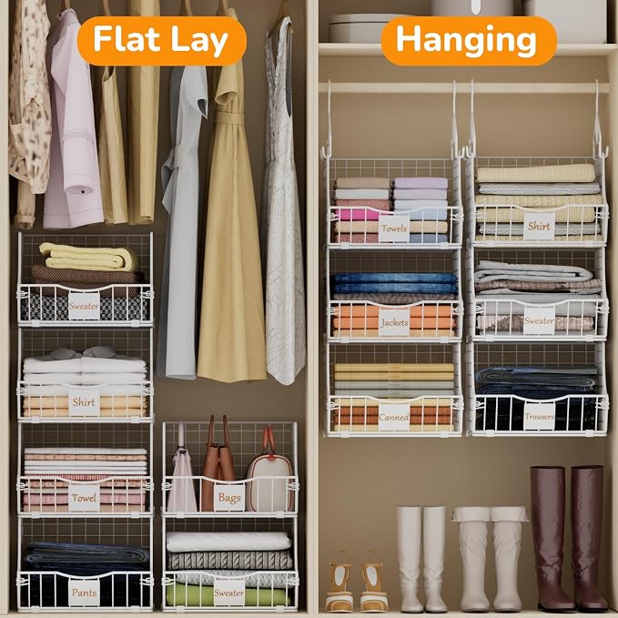 Hanging Closet Organizers and Storage, 3 Tier Closet Shelf Clothes Organizer with 2 S-Hooks, Multi-Functional Iron Wire Baskets, for Clothing, Sweaters, Handbags, Hat, Canned - Image 4