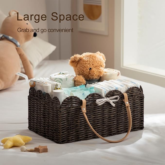 HBlife Baby Diaper Caddy Organizer, Large Portable Scalloped Plastic Wicker Woven Basket with Divider, Nursery Diaper Station, Baby Shower Gifts Basket, Car Organizer, Washable Waterproof - Image 2