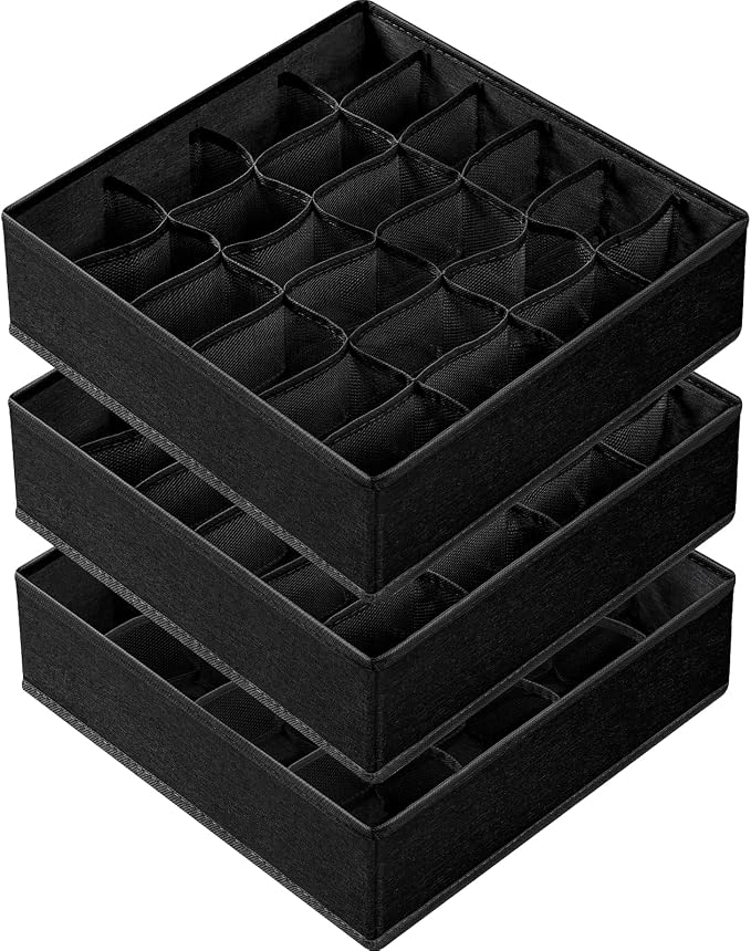 3 Pack Sock Underwear Organizer Dividers, 64 Cell Fabric Foldable Cabinet Closet Organizers and Storage Boxes for Storing Socks, Underwear, Ties (16+24+24 Cell, Black) by Criusia