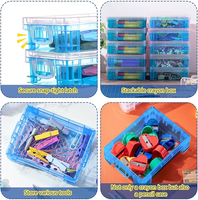 Suzile 40 Pcs Plastic Crayon Boxes Holds 24 Crayon with Snap Lid Storage Container Clear Stackable Case for School Office Classroom Supplies Pen Pencil Craft(Blue) - Image 3
