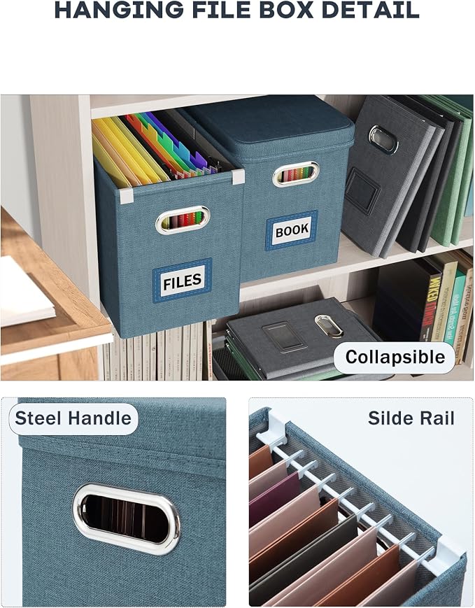 File Organizer with Lid, Hanging Filing Box with Mesh Pocket, Document Organizer for Letter Files, Portable Storage Box with Smooth Sliding Rail for Office&Home (2 PCS, Dark-blue) - Image 5