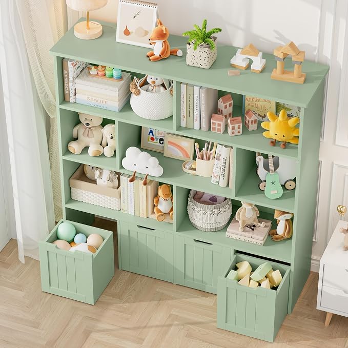 Toy Storage Organizer with Movable Drawer Toy Organizer for Kids | Kids Bookshelf and Toy Chest Storage with Hidden Wheels, Toy Organizers and Toy Storage for Playroom, Green - Image 6