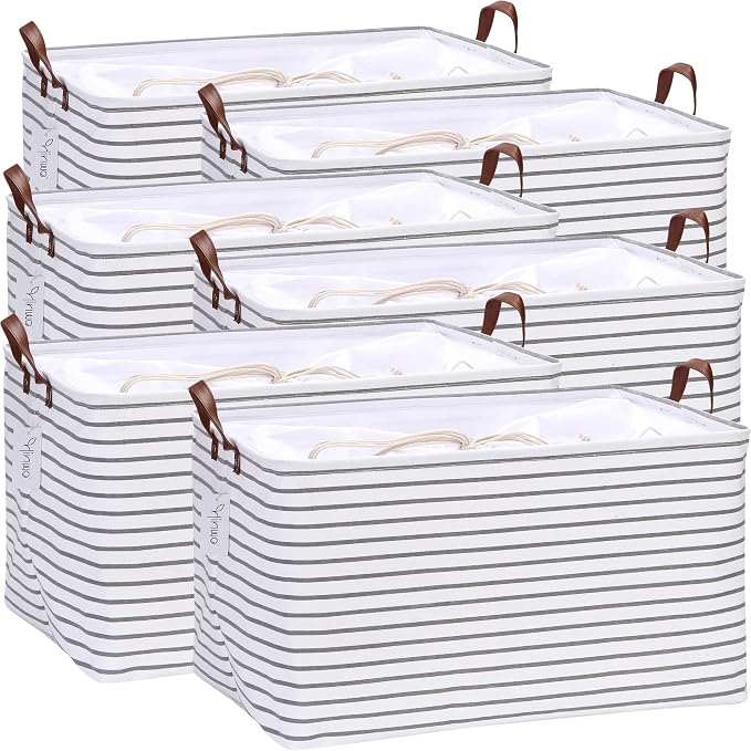 Hinwo 70L Extra Large Canvas Storage Bin with Lid and Handles, 6-Pack | Collapsible Fabric Baskets, Closet Shelf Organizers, Containers for Clothing, Blankets, Toys, Bedding (Gray Stripe) by Hinwo