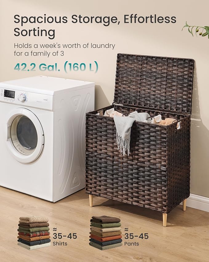 SONGMICS 3-Section Laundry Hamper with Lid, 42.2 Gal (160L) PE Rattan Laundry Basket with Removable Washable Liners, for Bedroom & Living Room, Chestnut Brown ULCB223ME01 - Image 3