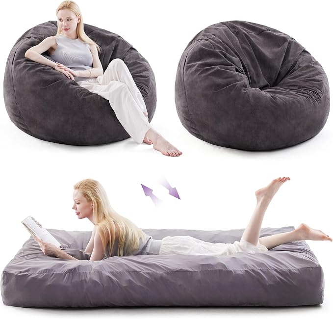 Giant Bean Bag Chair Bed for Adults, Convertible Beanbag Chairs to Floor Mattress Bed, Large Bean Bag Lazy Chair with High-Density Foam Filling, Bean Bag Couch Sofa Bed Washable, Grey Black by AYEASY