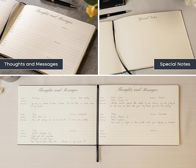 Forest Hardcover Funeral Guest Book - 9.5 x 7 Celebration of Life Guestbook for Memorial Service with 5x7 Paper Sign, Pen, Black Photo Corner Stickers - Image 2