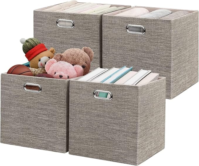 Posprica Storage Bins,11×11 Foldable Storage Cubes Boxes Container Closet Organizer Shelf Cabinet Bookcase,Thick Fabric Drawer Container - 4pcs,Coffee - Image 2