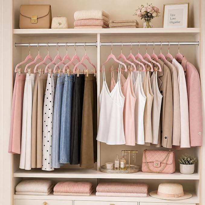 HOUSE DAY Pants Hangers with Clips 24 Pack, with Rose Gold Hook and Clips | Non Slip Velvet Flocked, Swivel Hook, Space Saving, Rubber Padded Clips, For Pants, Skirt, Shorts, Coat, Outfit - Pink - Image 4
